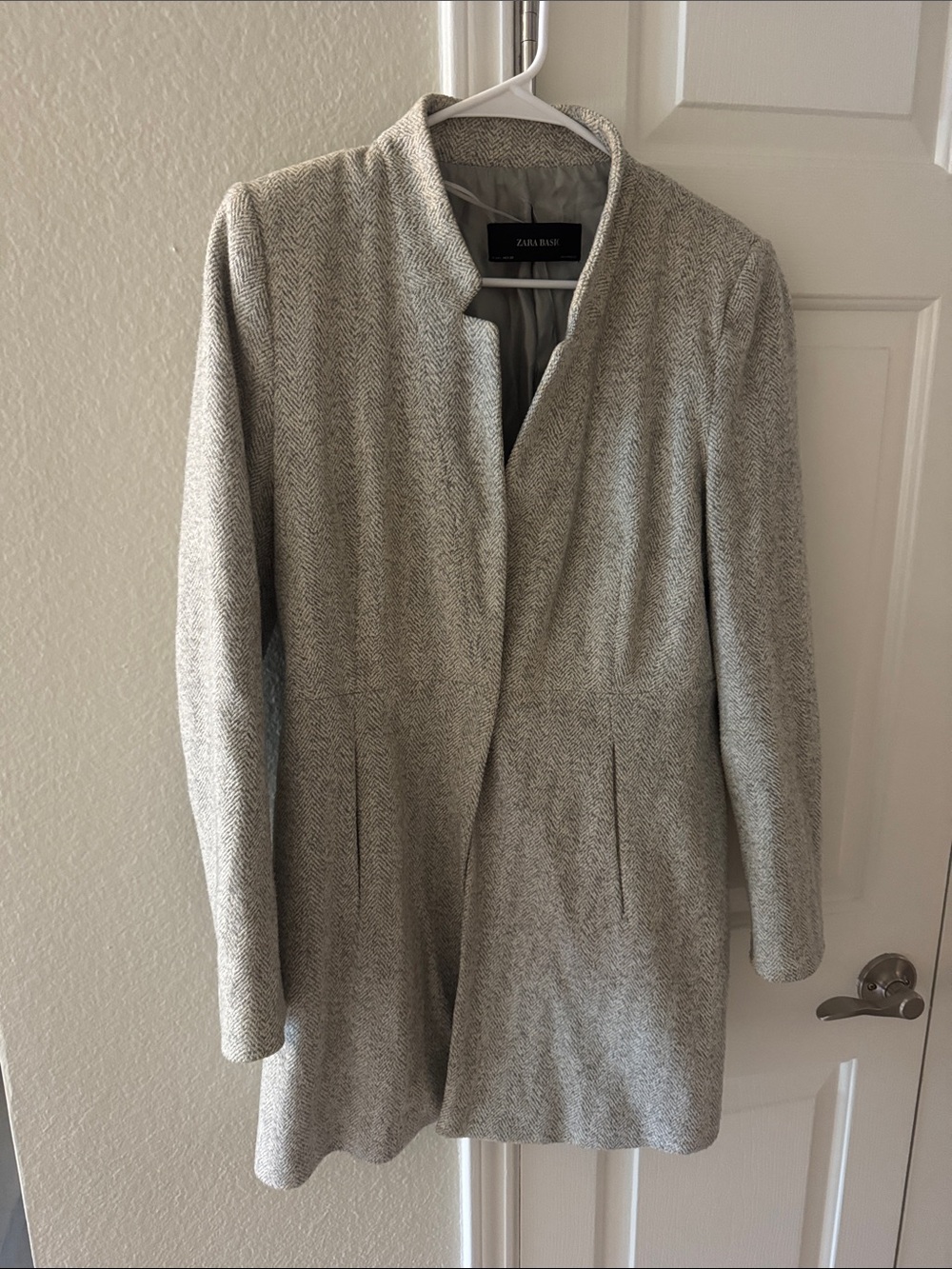 Zara Light Gray Herringbone Mid-Length Coat